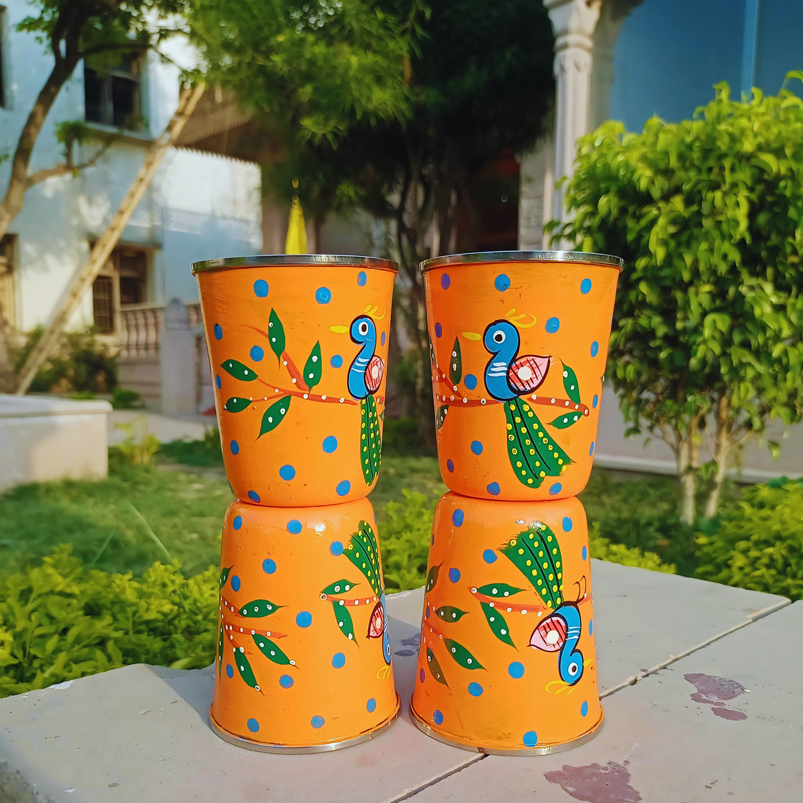 Rangyatra Hand-Painted Steel Glasses Set of 4