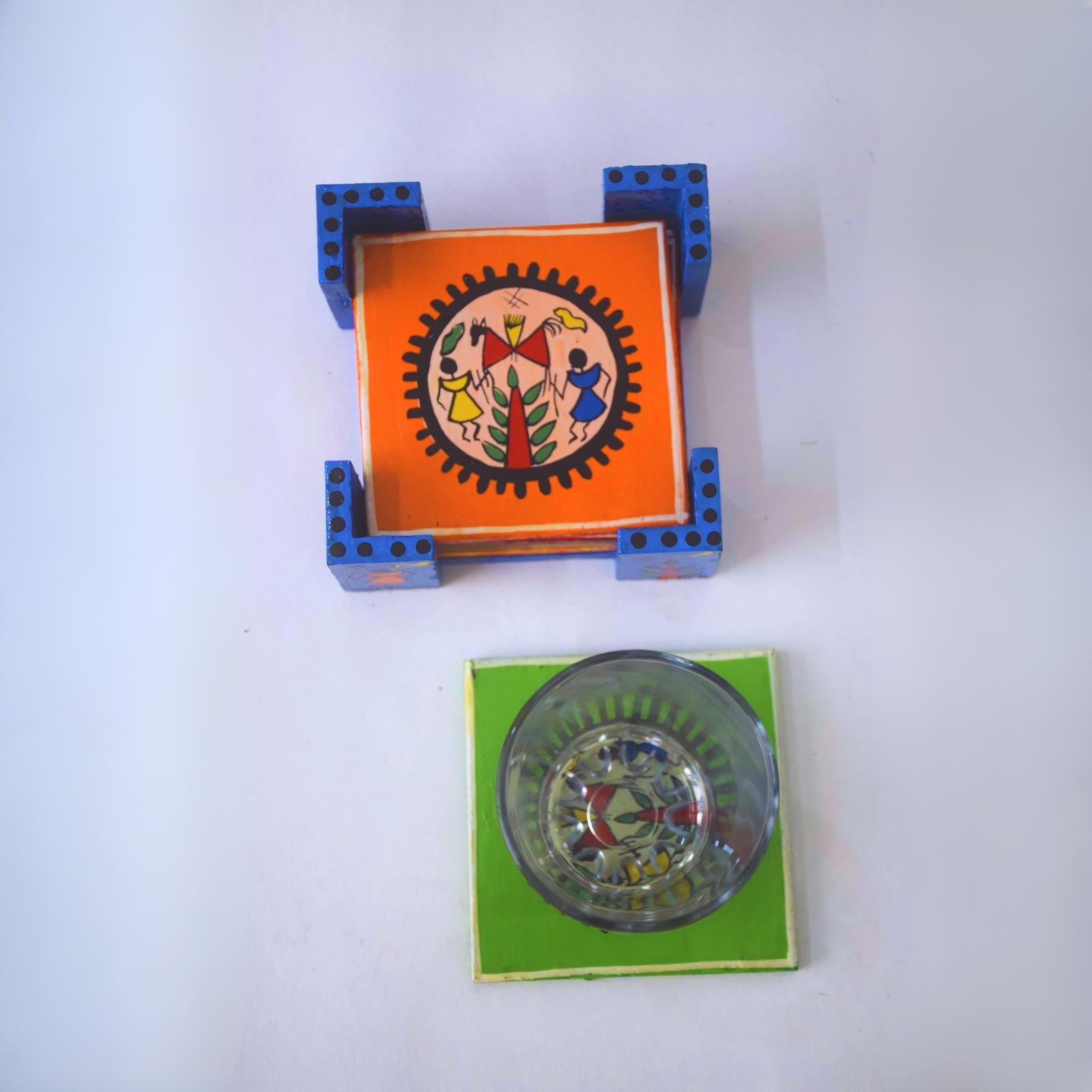 Rangyatra Wooden Handmade Drink Coaster Set With Decorative Holder Indian Handicraft Home Decor Tabletop Rajasthani Elephant Coaster For Coffee Tea Mug Cup Glass-Set of 6 (Randoom Colors) - Image 4