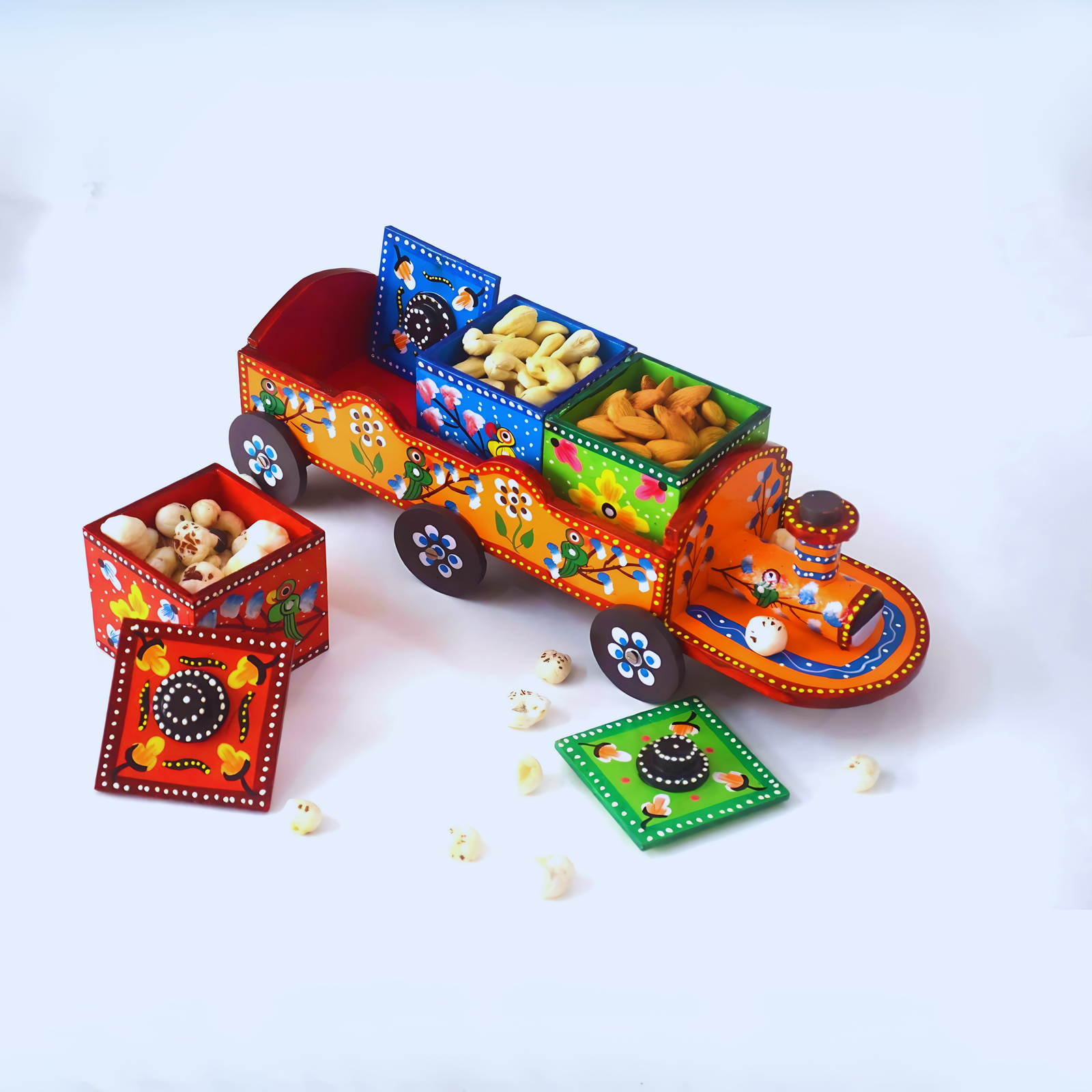 Rangyatra Home Decorative Wooden Train Shape Dry Fruit Holder Boxes Serving Tray With Train With 3 Box I Dinnerware/Tableware Showpiece (Multicolor)
