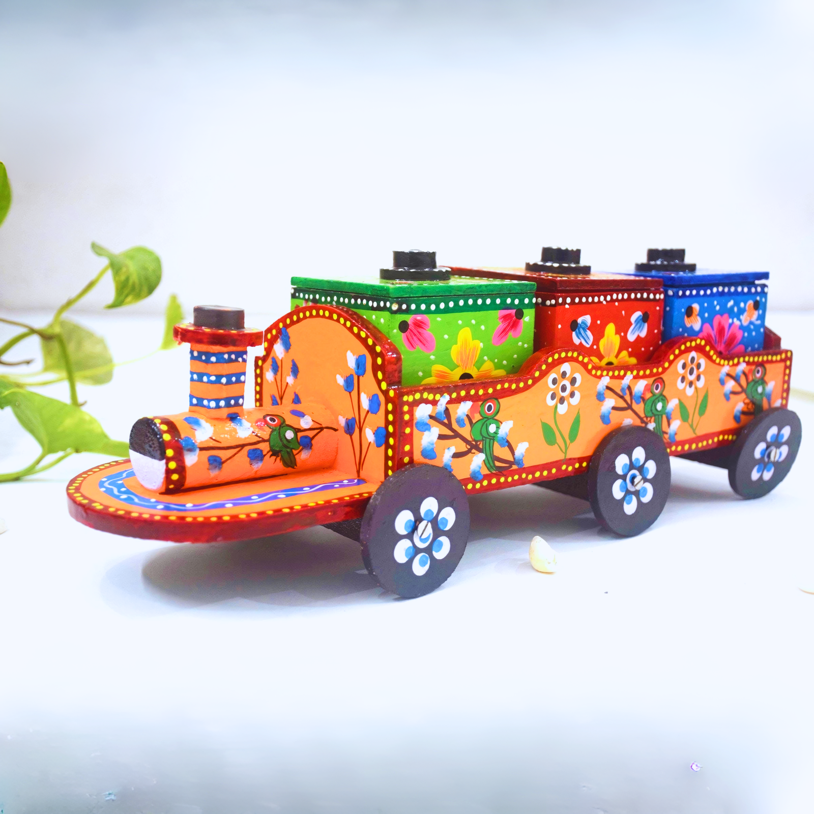 Rangyatra Home Decorative Wooden Train Shape Dry Fruit Holder Boxes Serving Tray With Train With 3 Box I Dinnerware/Tableware Showpiece (Multicolor) - Image 3